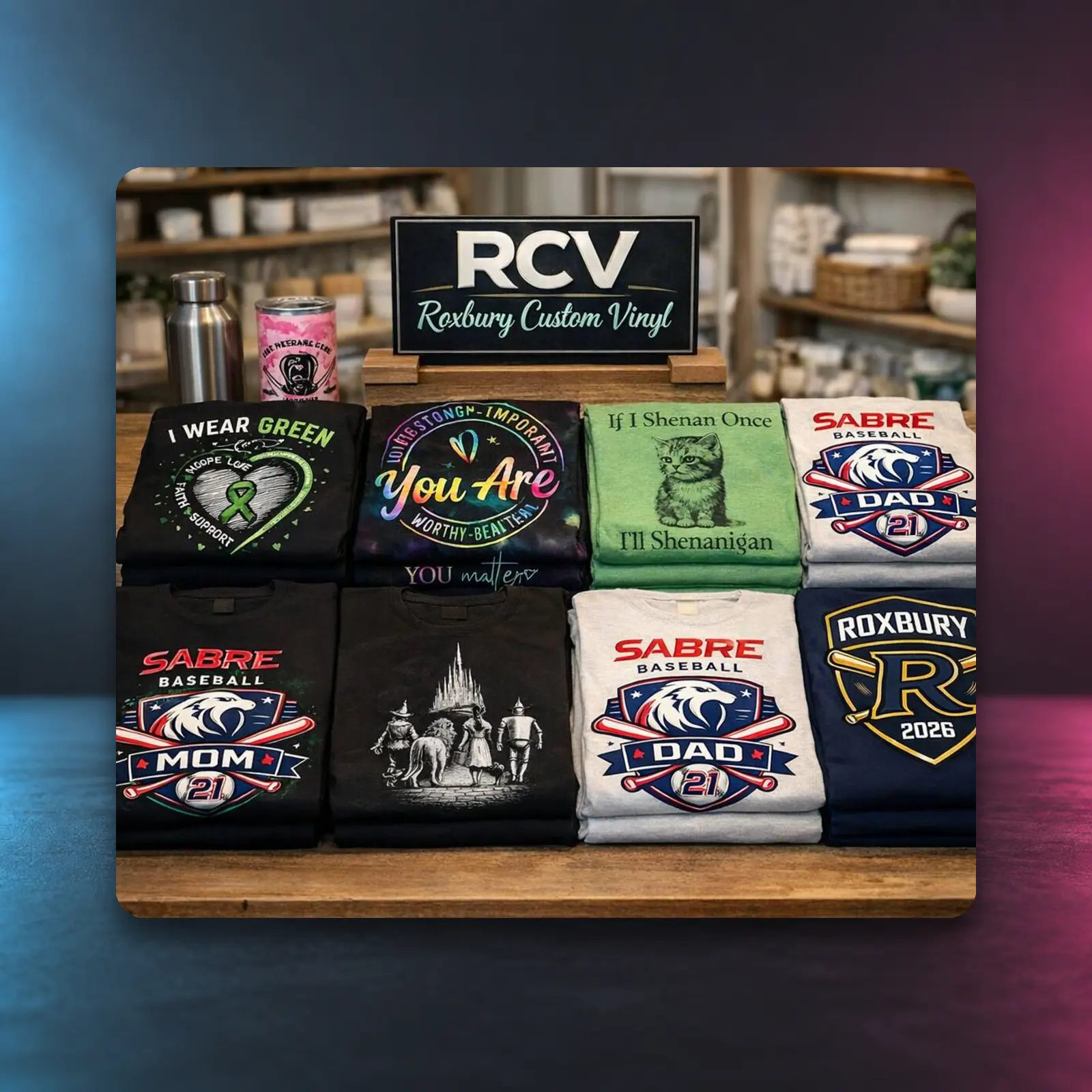 Roxbury Custom Vinyl logo with example custom print projects